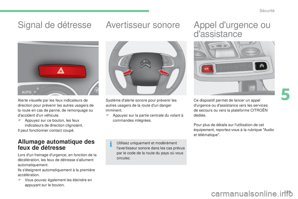 CITROEN C4 2017 Notices Demploi (in French) 139
Signal de détresse
Alerte visuelle par les feux indicateurs de
direction pour prévenir les autres usagers de
la route en cas de panne, de remorquage ou
d'accident d'un véhicule.
F
A CITROEN C4 2017 Notices Demploi (in French) 139
Signal de détresse
Alerte visuelle par les feux indicateurs de
direction pour prévenir les autres usagers de
la route en cas de panne, de remorquage ou
d'accident d'un véhicule.
F
A