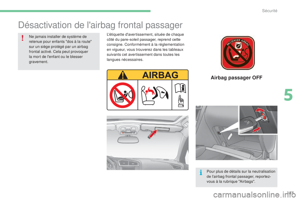 CITROEN C4 2017 Notices Demploi (in French) 153
Airbag passager OFF
Désactivation de l'airbag frontal passager
L'étiquette d'avertissement, située de chaque
côté du pare-soleil passager, reprend cette
consigne. Conformément CITROEN C4 2017 Notices Demploi (in French) 153
Airbag passager OFF
Désactivation de l'airbag frontal passager
L'étiquette d'avertissement, située de chaque
côté du pare-soleil passager, reprend cette
consigne. Conformément