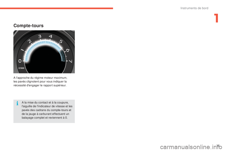 CITROEN C4 2017  Notices Demploi (in French) 15
Compte-tours
A l'approche du régime moteur maximum, 
les pavés clignotent pour vous indiquer la 
nécessité d'engager le rapport supérieur.A la mise du contact et à la coupure, 
l'