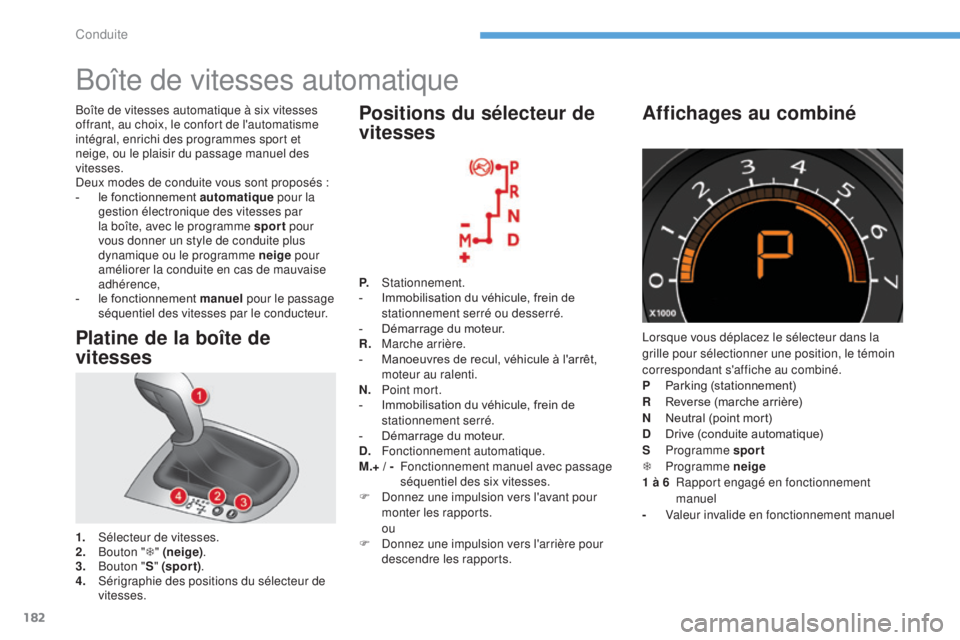 CITROEN C4 2017  Notices Demploi (in French) 182
Boîte de vitesses automatique
Platine de la boîte de 
vitesses
1. Sélecteur de vitesses.
2. Bouton " T" (neige) .
3.
 B

outon " S" (spor t) .
4.
 Sé

rigraphie des positions d