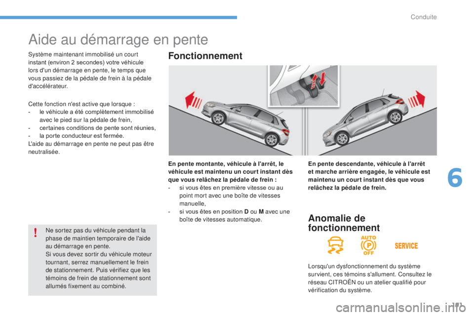 CITROEN C4 2017  Notices Demploi (in French) 191
Aide au démarrage en pente
En pente montante, véhicule à l'arrêt, le 
véhicule est maintenu un cour t instant dès 
que vous relâchez la pédale de frein  :
-
 
s
 i vous êtes en premi