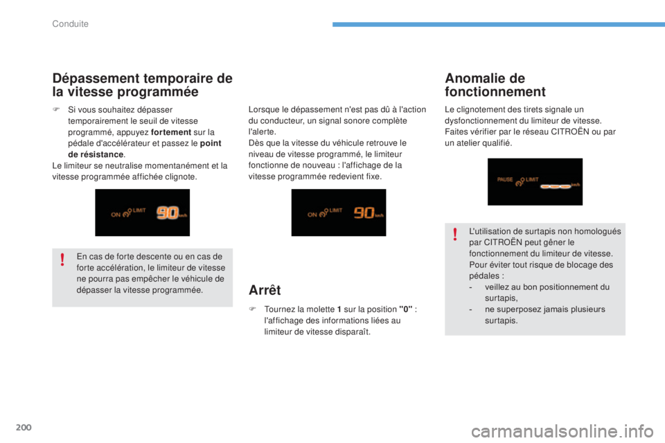 CITROEN C4 2017 Notices Demploi (in French) 200
En cas de forte descente ou en cas de
forte accélération, le limiteur de vitesse
ne pourra pas empêcher le véhicule de
dépasser la vitesse programmée.L'utilisation de surtapis non hom CITROEN C4 2017 Notices Demploi (in French) 200
En cas de forte descente ou en cas de
forte accélération, le limiteur de vitesse
ne pourra pas empêcher le véhicule de
dépasser la vitesse programmée.L'utilisation de surtapis non hom