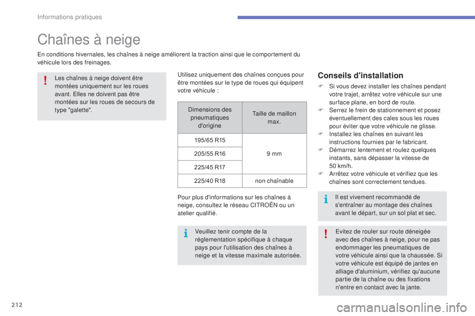 CITROEN C4 2017 Notices Demploi (in French) 212
Chaînes à neige
En conditions hivernales, les chaînes à neige améliorent la traction ainsi que le comportement du
véhicule lors des freinages.
Conseils d'installation
F Si vous devez in CITROEN C4 2017 Notices Demploi (in French) 212
Chaînes à neige
En conditions hivernales, les chaînes à neige améliorent la traction ainsi que le comportement du
véhicule lors des freinages.
Conseils d'installation
F Si vous devez in