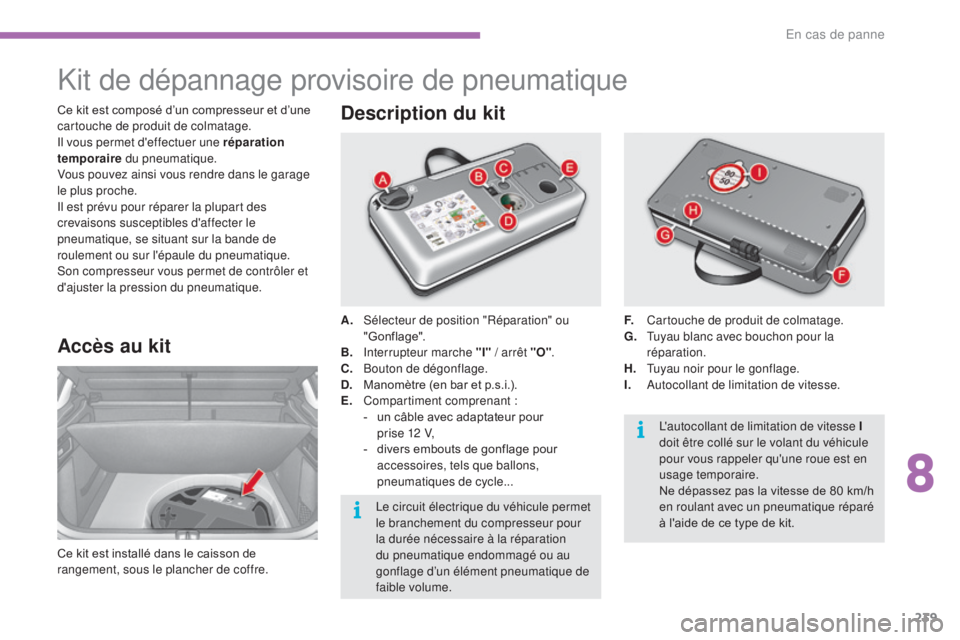 CITROEN C4 2017 Notices Demploi (in French) 239
Kit de dépannage provisoire de pneumatique
Accès au kit
Ce kit est installé dans le caisson de
rangement, sous le plancher de coffre.A.
Sél
ecteur de position "Réparation" ou
" CITROEN C4 2017 Notices Demploi (in French) 239
Kit de dépannage provisoire de pneumatique
Accès au kit
Ce kit est installé dans le caisson de
rangement, sous le plancher de coffre.A.
Sél
ecteur de position "Réparation" ou
"