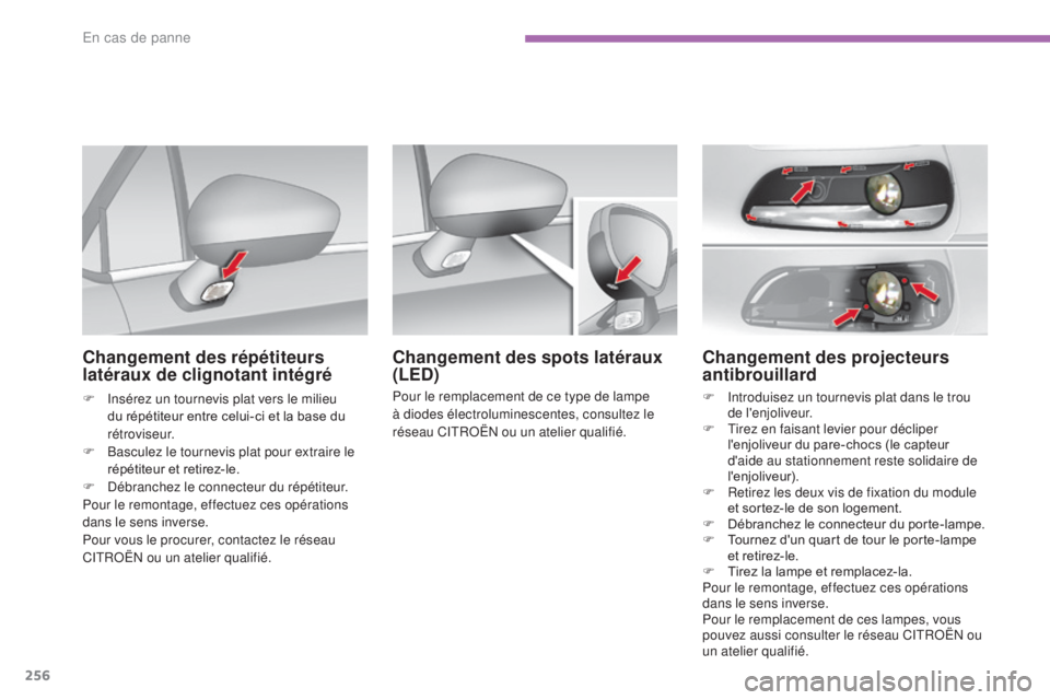 CITROEN C4 2017  Notices Demploi (in French) 256
Changement des projecteurs 
antibrouillard
F Introduisez un tournevis plat dans le trou de l'enjoliveur.
F
 
T
 irez en faisant levier pour décliper 
l'enjoliveur du pare-chocs (le capteu