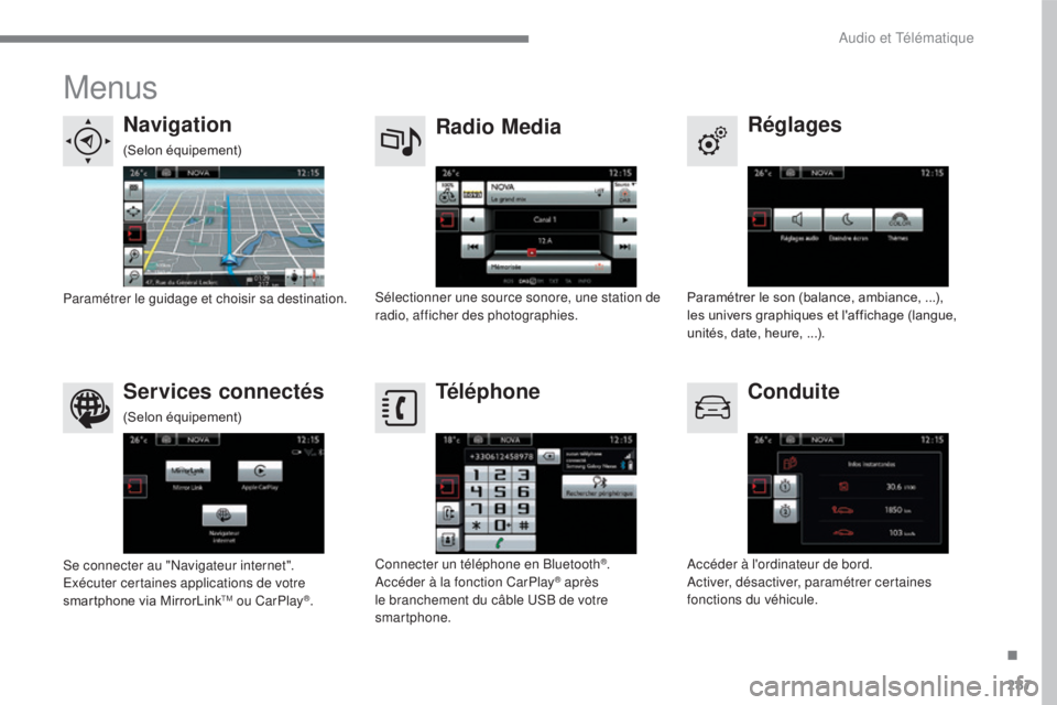 CITROEN C4 2017 Notices Demploi (in French) 287
Menus
Réglages
Radio Media
Navigation
Conduite
Services connectés Téléphone
Paramétrer le son (balance, ambiance, ...),
les univers graphiques et l'affichage (langue,
unités, date, heu CITROEN C4 2017 Notices Demploi (in French) 287
Menus
Réglages
Radio Media
Navigation
Conduite
Services connectés Téléphone
Paramétrer le son (balance, ambiance, ...),
les univers graphiques et l'affichage (langue,
unités, date, heu