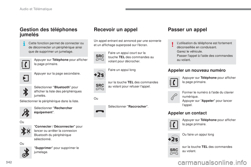 CITROEN C4 2017 Notices Demploi (in French) 342
Gestion des téléphones
jumelés
Cette fonction permet de connecter ou
de déconnecter un périphérique ainsi
que de supprimer un jumelage.L'utilisation du téléphone est fortement
déc CITROEN C4 2017 Notices Demploi (in French) 342
Gestion des téléphones
jumelés
Cette fonction permet de connecter ou
de déconnecter un périphérique ainsi
que de supprimer un jumelage.L'utilisation du téléphone est fortement
déc