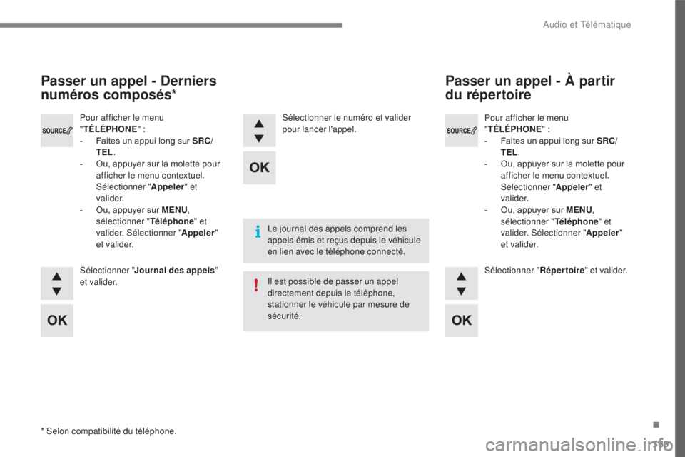 CITROEN C4 2017  Notices Demploi (in French) 369
Pour afficher le menu 
"TÉLÉPHONE "
  :
-
 
F
 aites un appui long sur SRC/
TEL .
-
 
O
 u, appuyer sur la molette pour 
afficher le menu contextuel. 
Sélectionner " Appeler" et