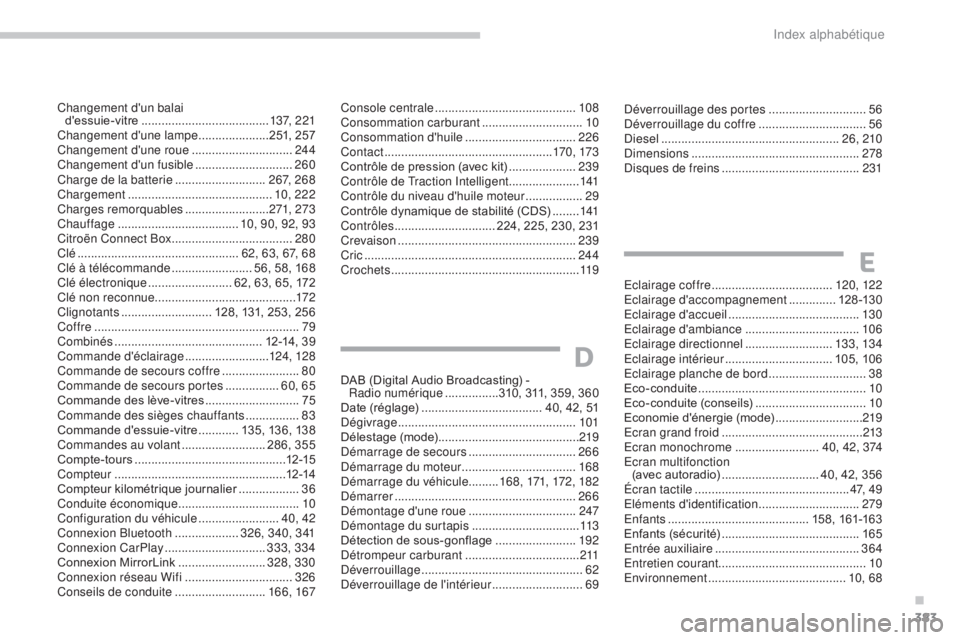 CITROEN C4 2017  Notices Demploi (in French) 383
Eclairage coffre .................................... 120, 12 2
Eclairage d'accompagnement .............. 1
28 -13 0
Eclairage d'accueil
 

....................................... 13 0
Ecl