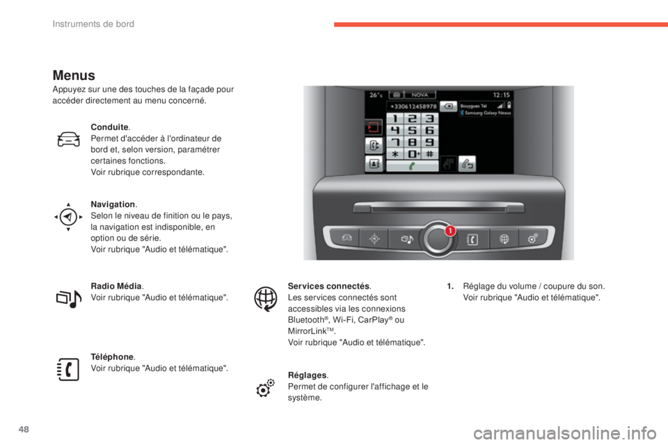 CITROEN C4 2017 Notices Demploi (in French) 48
Menus
Appuyez sur une des touches de la façade pour
accéder directement au menu concerné.Conduite.
Permet d'accéder à l'ordinateur de
bord et, selon version, paramétrer
certaines f CITROEN C4 2017 Notices Demploi (in French) 48
Menus
Appuyez sur une des touches de la façade pour
accéder directement au menu concerné.Conduite.
Permet d'accéder à l'ordinateur de
bord et, selon version, paramétrer
certaines f