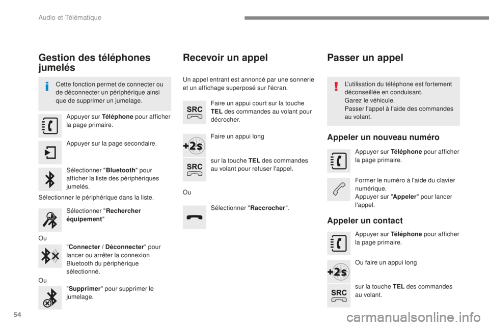 CITROEN C4 2017 Notices Demploi (in French) 54
Gestion des téléphones
jumelés
Cette fonction permet de connecter ou
de déconnecter un périphérique ainsi
que de supprimer un jumelage.L'utilisation du téléphone est fortement
déco CITROEN C4 2017 Notices Demploi (in French) 54
Gestion des téléphones
jumelés
Cette fonction permet de connecter ou
de déconnecter un périphérique ainsi
que de supprimer un jumelage.L'utilisation du téléphone est fortement
déco