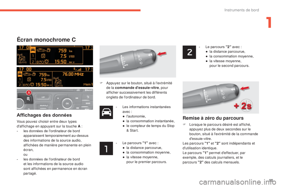 CITROEN C4 2017  Notices Demploi (in French) 53
Écran monochrome C
Affichages des données
Vous pouvez choisir entre deux types 
d'affichage en appuyant sur la touche A  :
-
 
l
 es données de l'ordinateur de bord 
apparaissent tempora