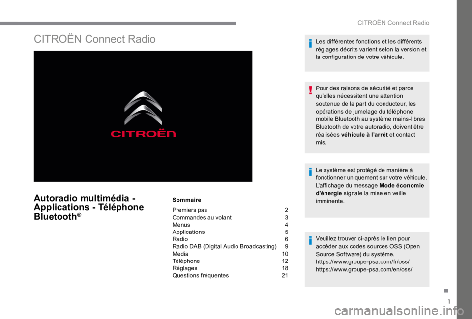 CITROEN C4 2017  Notices Demploi (in French) 1
.
 CITROËN Connect Radio 
 CITROËN Connect Radio 
Autoradio multimédia - 
Applications - Téléphone 
Bluetooth ®Bluetooth ®Bluetooth 
  Sommaire  
  Premiers  pas 2  Commandes au volant 3  Men