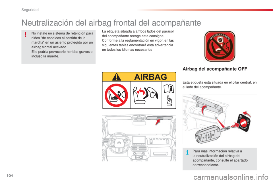 CITROEN C4 CACTUS 2016  Manuales de Empleo (in Spanish) 104
C4-cactus_es_Chap05_securite_ed01-2015
C4-cactus_es_Chap05_securite_ed01-2015
Airbag del acompañante OFF
La etiqueta situada a ambos lados del parasol 
del acompañante recoge esta consigna.
Conf