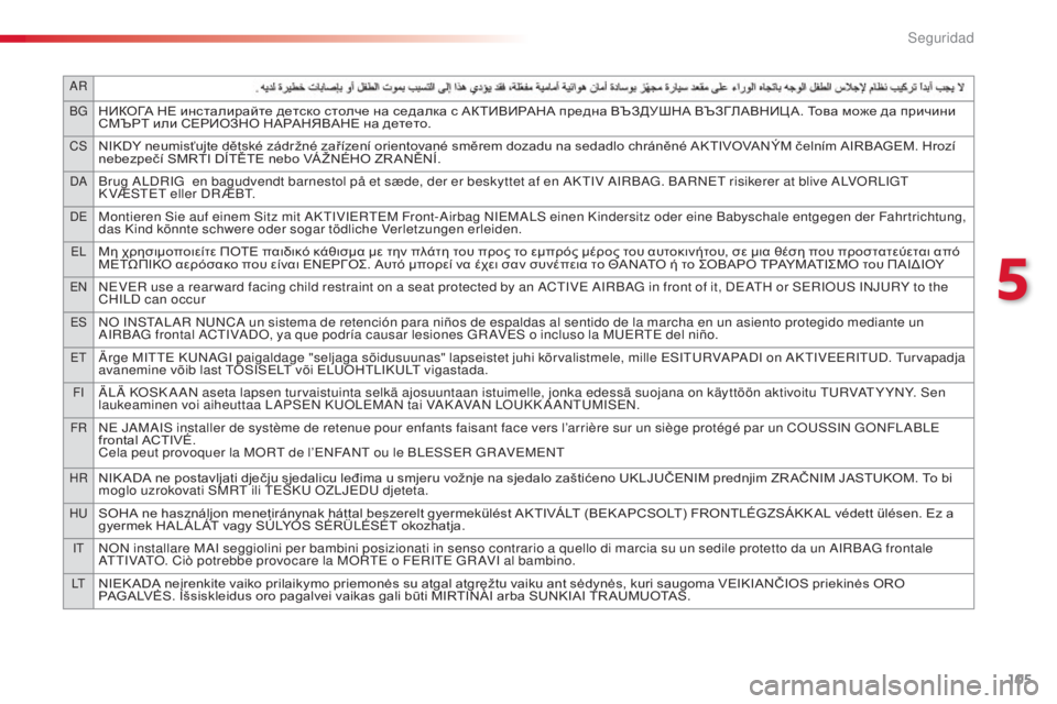 CITROEN C4 CACTUS 2016  Manuales de Empleo (in Spanish) 105
AR
BG
НИКОГА НЕ инсталирайте детско столче на седалка с АКТИВИРАНА предна ВЪЗДУШНА ВЪЗГЛАВНИЦ А. Това може да
