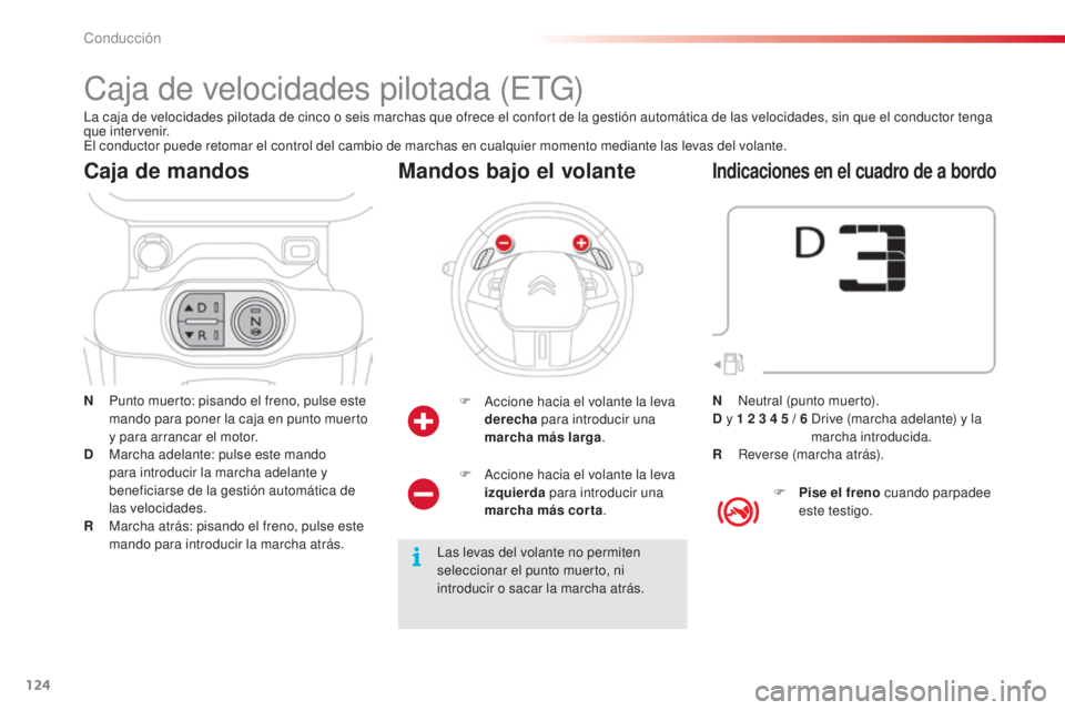 CITROEN C4 CACTUS 2016 Manuales de Empleo (in Spanish) 124
C4-cactus_es_Chap06_conduite_ed01-2015
C4-cactus_es_Chap06_conduite_ed01-2015
Caja de velocidades pilotada (ETG)
N Punto muerto: pisando el freno, pulse este mando para poner la caja en punto muer CITROEN C4 CACTUS 2016 Manuales de Empleo (in Spanish) 124
C4-cactus_es_Chap06_conduite_ed01-2015
C4-cactus_es_Chap06_conduite_ed01-2015
Caja de velocidades pilotada (ETG)
N Punto muerto: pisando el freno, pulse este mando para poner la caja en punto muer