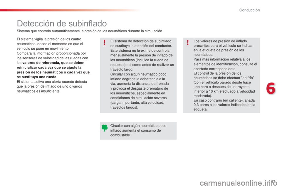 CITROEN C4 CACTUS 2016  Manuales de Empleo (in Spanish) 147
C4-cactus_es_Chap06_conduite_ed01-2015
C4-cactus_es_Chap06_conduite_ed01-2015
Detección de subinflado
El sistema vigila la presión de los cuatro 
neumáticos, desde el momento en que el 
vehícu