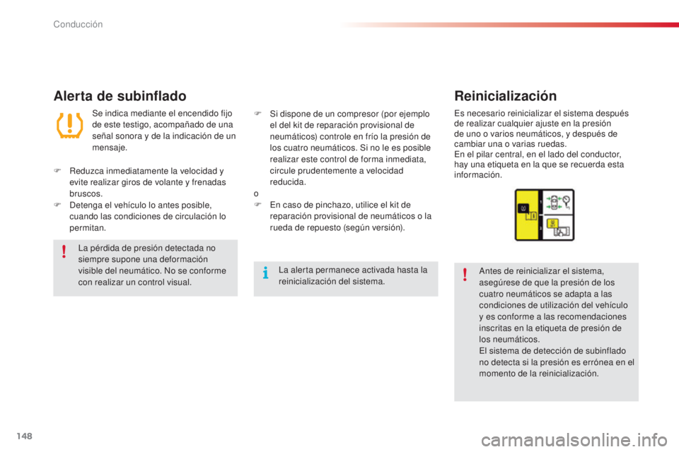 CITROEN C4 CACTUS 2016  Manuales de Empleo (in Spanish) 148
C4-cactus_es_Chap06_conduite_ed01-2015
C4-cactus_es_Chap06_conduite_ed01-2015
Alerta de subinfladoReinicialización
Antes de reinicializar el sistema, 
asegúrese de que la presión de los 
cuatro