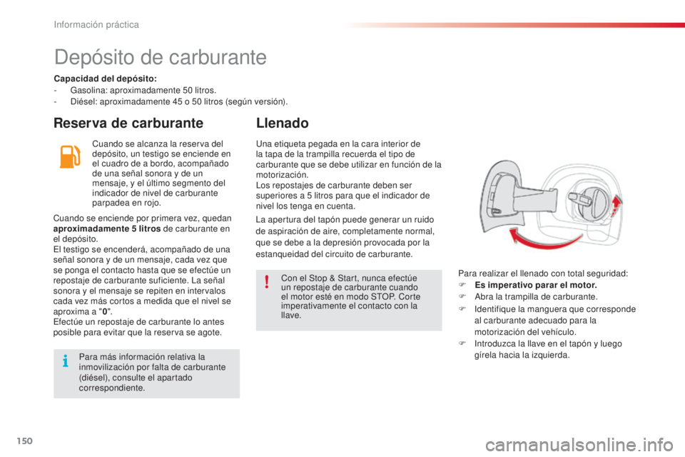 CITROEN C4 CACTUS 2016  Manuales de Empleo (in Spanish) 150
C4-cactus_es_Chap07_info-pratiques_ed01-2015
C4-cactus_es_Chap07_info-pratiques_ed01-2015
Depósito de carburante
Capacidad del depósito:
- Gasolina: aproximadamente 50  litros.
-
 
D
 iésel: ap
