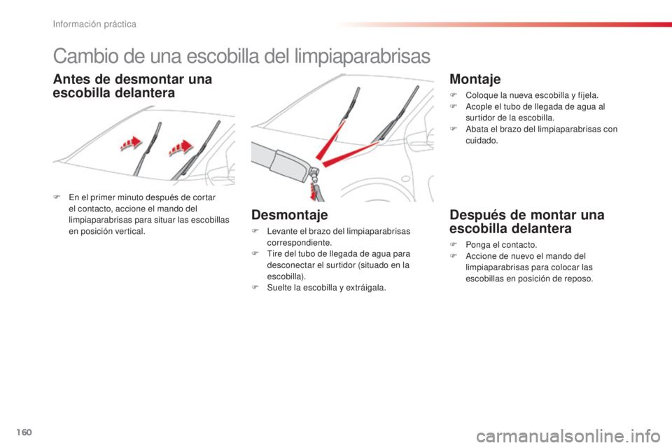 CITROEN C4 CACTUS 2016  Manuales de Empleo (in Spanish) 160
C4-cactus_es_Chap07_info-pratiques_ed01-2015
C4-cactus_es_Chap07_info-pratiques_ed01-2015
Cambio de una escobilla del limpiaparabrisas
F En el primer minuto después de cortar el contacto, accione