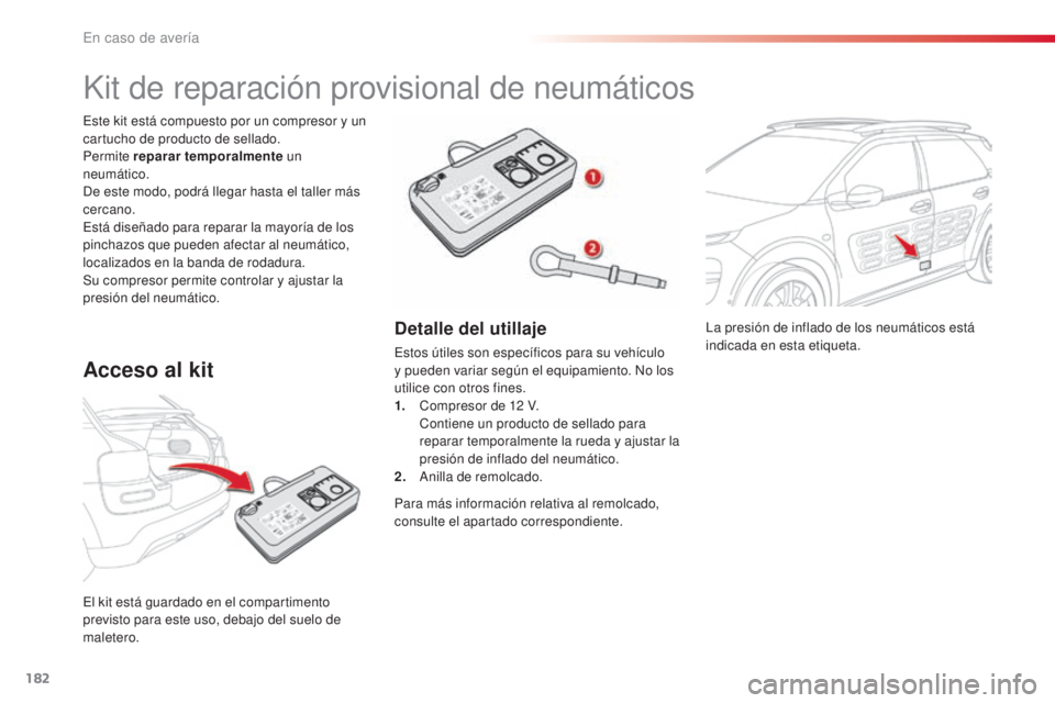 CITROEN C4 CACTUS 2016 Manuales de Empleo (in Spanish) 182
C4-cactus_es_Chap08_En-cas-de-panne_ed01-2015
C4-cactus_es_Chap08_En-cas-de-panne_ed01-2015
La presión de inflado de los neumáticos está
indicada en esta etiqueta.
El kit está guardado en el CITROEN C4 CACTUS 2016 Manuales de Empleo (in Spanish) 182
C4-cactus_es_Chap08_En-cas-de-panne_ed01-2015
C4-cactus_es_Chap08_En-cas-de-panne_ed01-2015
La presión de inflado de los neumáticos está
indicada en esta etiqueta.
El kit está guardado en el