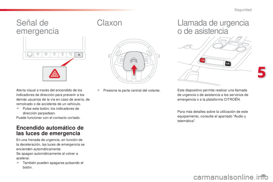 CITROEN C4 CACTUS 2016  Manuales de Empleo (in Spanish) 89
C4-cactus_es_Chap05_securite_ed01-2015
C4-cactus_es_Chap05_securite_ed01-2015
Señal de 
emergencia
Alerta visual a través del encendido de los 
indicadores de dirección para prevenir a los 
dem