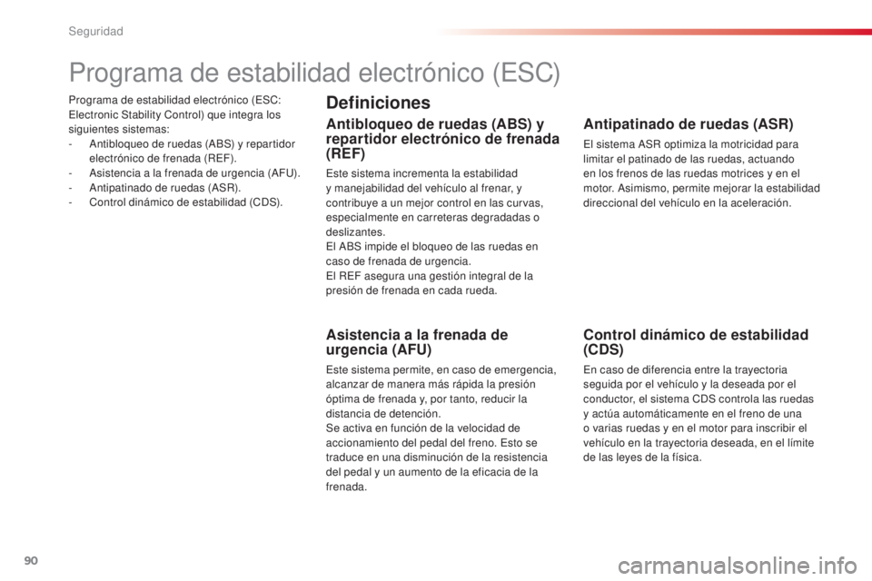 CITROEN C4 CACTUS 2016  Manuales de Empleo (in Spanish) 90
C4-cactus_es_Chap05_securite_ed01-2015
C4-cactus_es_Chap05_securite_ed01-2015
Programa de estabilidad electrónico (ESC: 
Electronic Stability Control) que integra los 
siguientes sistemas:
- 
A
 n