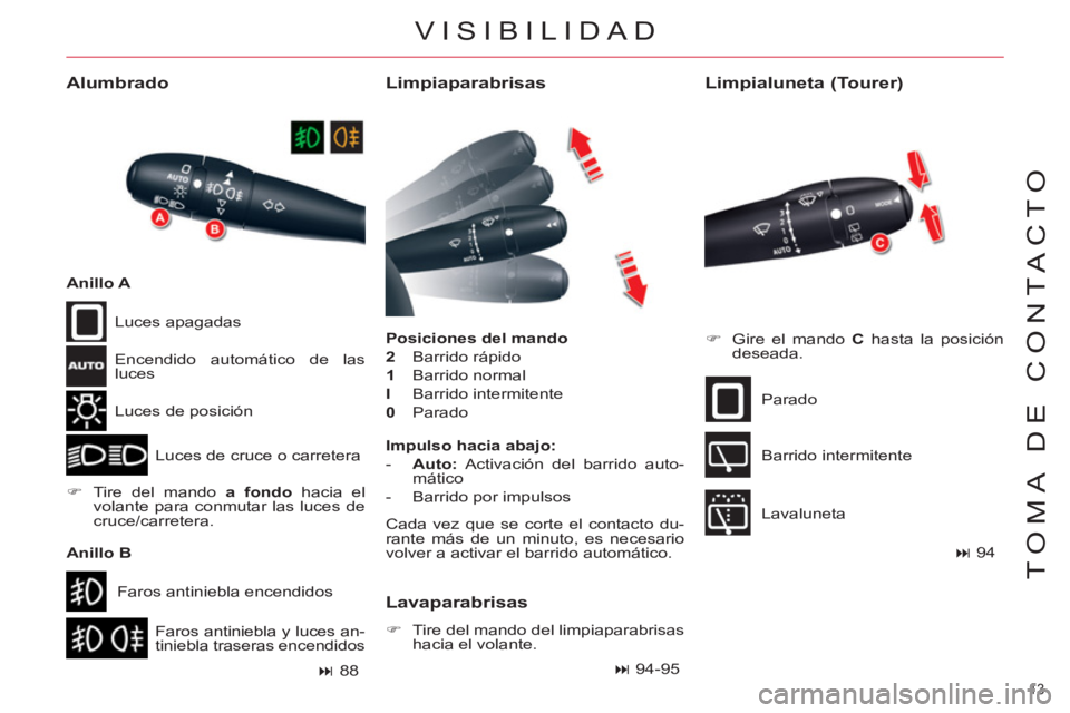 CITROEN C5 2012  Manuales de Empleo (in Spanish) 13 
TOMA DE CONTACTO
  VISIBILIDAD 
 
 
Limpiaparabrisas 
 
 
Posiciones del mando 
 
   
2 
 Barrido rápido 
   
1 
 Barrido normal 
   
I 
 Barrido intermitente 
   
0 
 Parado 
 
 
Alumbrado 
 
Lu