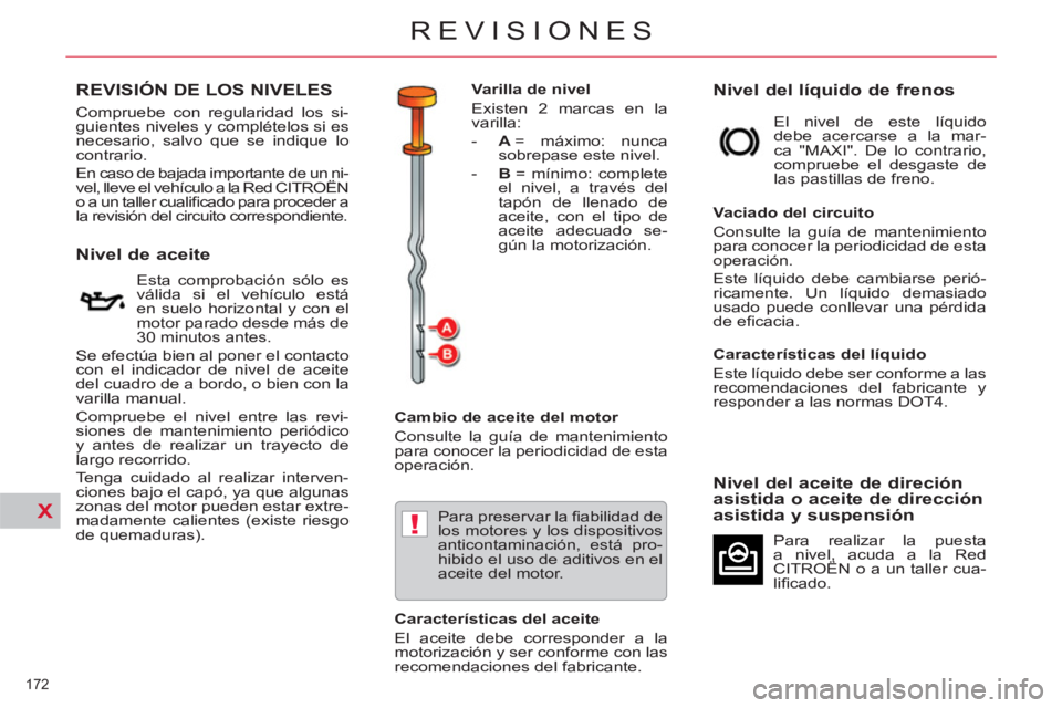 CITROEN C5 2012 Manuales de Empleo (in Spanish) X!
172
REVISIONES
REVISIÓN DE LOS NIVELES
Compruebe con regularidad los si-
guientes niveles y complételos si es
necesario CITROEN C5 2012 Manuales de Empleo (in Spanish) X!
172
REVISIONES
REVISIÓN DE LOS NIVELES
Compruebe con regularidad los si-
guientes niveles y complételos si es
necesario