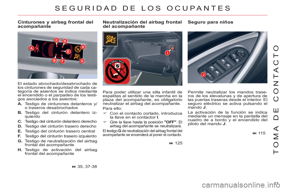CITROEN C5 2012  Manuales de Empleo (in Spanish) 17 
TOMA DE CONTACTO
  SEGURIDAD DE LOS OCUPANTES 
 
 
Neutralización del airbag frontal 
del acompañante    
Seguro para niños   
 
Cinturones y airbag frontal del 
acompañante 
  El estado abroc
