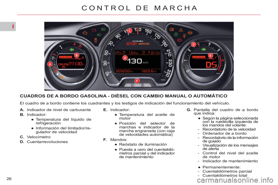 CITROEN C5 2012  Manuales de Empleo (in Spanish) I
26
CONTROL DE MARCHA
   
 
 
 
 
 
 
 
 
 
 
 
 
 
CUADROS DE A BORDO GASOLINA - DIÉSEL CON CAMBIO MANUAL O AUTOMÁTICO 
 
El cuadro de a bordo contiene los cuadrantes y los testigos de indicación