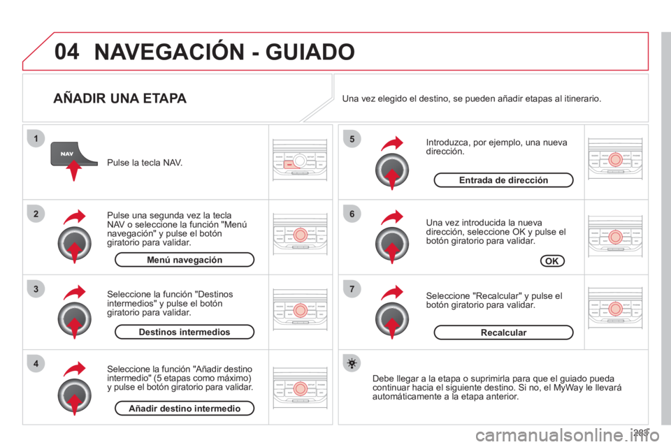 CITROEN C5 2012 Manuales de Empleo (in Spanish) 283
04
7
6
5
4
3
2
1
AÑADIR UNA ETAPA
Introduzca, por ejemplo, una nueva
dirección.
Una vez introducida la nueva
dirección, seleccione OK y pulse el
botón giratorio para validar. CITROEN C5 2012 Manuales de Empleo (in Spanish) 283
04
7
6
5
4
3
2
1
AÑADIR UNA ETAPA
Introduzca, por ejemplo, una nueva
dirección.
Una vez introducida la nueva
dirección, seleccione OK y pulse el
botón giratorio para validar.