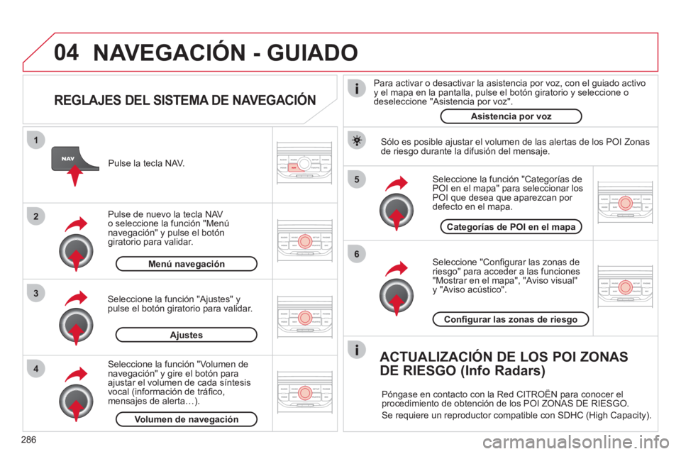 CITROEN C5 2012 Manuales de Empleo (in Spanish) 286
04
5
6
3 2 1
4
REGLAJES DEL SISTEMA DE NAVEGACIÓN
Seleccione "Confi gurar las zonas de
riesgo" para acceder a las funciones
"Mostrar en el mapa", "Aviso visual"
y "Aviso acústico". CITROEN C5 2012 Manuales de Empleo (in Spanish) 286
04
5
6
3 2 1
4
REGLAJES DEL SISTEMA DE NAVEGACIÓN
Seleccione "Confi gurar las zonas de
riesgo" para acceder a las funciones
"Mostrar en el mapa", "Aviso visual"
y "Aviso acústico".