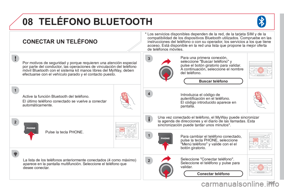 CITROEN C5 2012 Manuales de Empleo (in Spanish) 293
08
1
2
3
2 1 4
*
Los servicios disponibles dependen de la red, de la tarjeta SIM y de la
compatibilidad de los dispositivos Bluetooth utilizados. Compruebe en las
instrucciones del telé CITROEN C5 2012 Manuales de Empleo (in Spanish) 293
08
1
2
3
2 1 4
*
Los servicios disponibles dependen de la red, de la tarjeta SIM y de la
compatibilidad de los dispositivos Bluetooth utilizados. Compruebe en las
instrucciones del telé