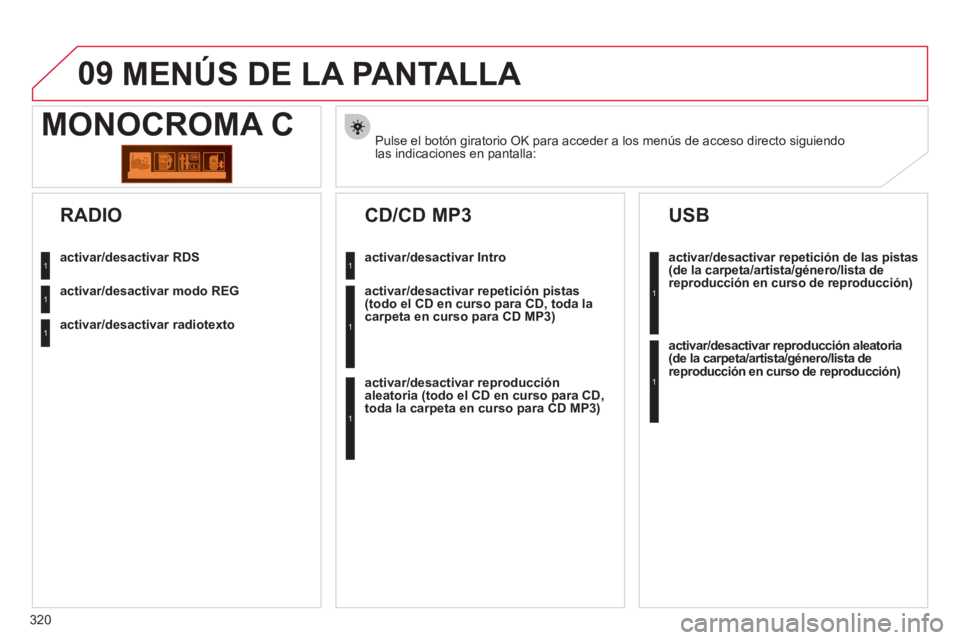 CITROEN C5 2012 Manuales de Empleo (in Spanish) 320
09
Pulse el botón giratorio OK para acceder a los menús de acceso directo siguiendo
las indicaciones en pantalla:
MONOCROMA C
activar/desactivar RDS
act CITROEN C5 2012 Manuales de Empleo (in Spanish) 320
09
Pulse el botón giratorio OK para acceder a los menús de acceso directo siguiendo
las indicaciones en pantalla:
MONOCROMA C
activar/desactivar RDS
act