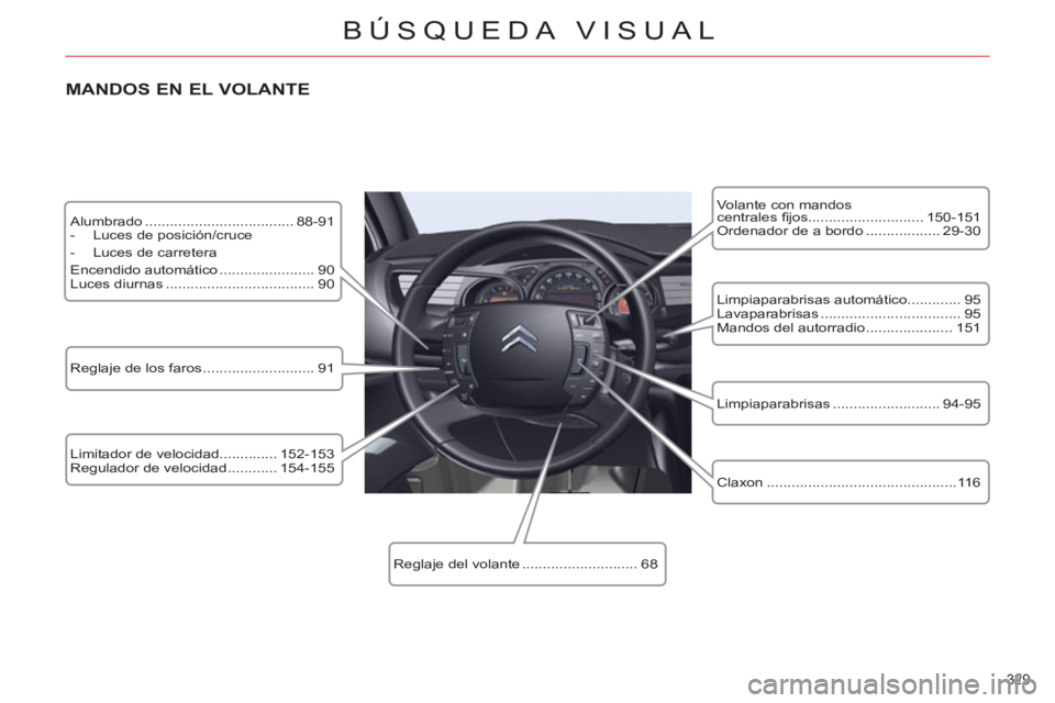 CITROEN C5 2012 Manuales de Empleo (in Spanish) 329
BÚSQUEDA VISUAL
Alumbrado .................................... 88-91
- Luces de posición/cruce
- Luces de carretera
Encendido automático ....................... 90
Luc CITROEN C5 2012 Manuales de Empleo (in Spanish) 329
BÚSQUEDA VISUAL
Alumbrado .................................... 88-91
- Luces de posición/cruce
- Luces de carretera
Encendido automático ....................... 90
Luc
