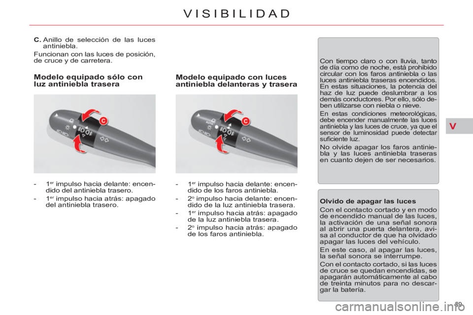 CITROEN C5 2012 Manuales de Empleo (in Spanish) V
89
VISIBILIDAD
C.
Anillo de selección de las luces
antiniebla.
Funcionan con las luces de posición,
de cruce y de carretera.
- 1
er
impulso hacia delante: e CITROEN C5 2012 Manuales de Empleo (in Spanish) V
89
VISIBILIDAD
C.
Anillo de selección de las luces
antiniebla.
Funcionan con las luces de posición,
de cruce y de carretera.
- 1
er
impulso hacia delante: e