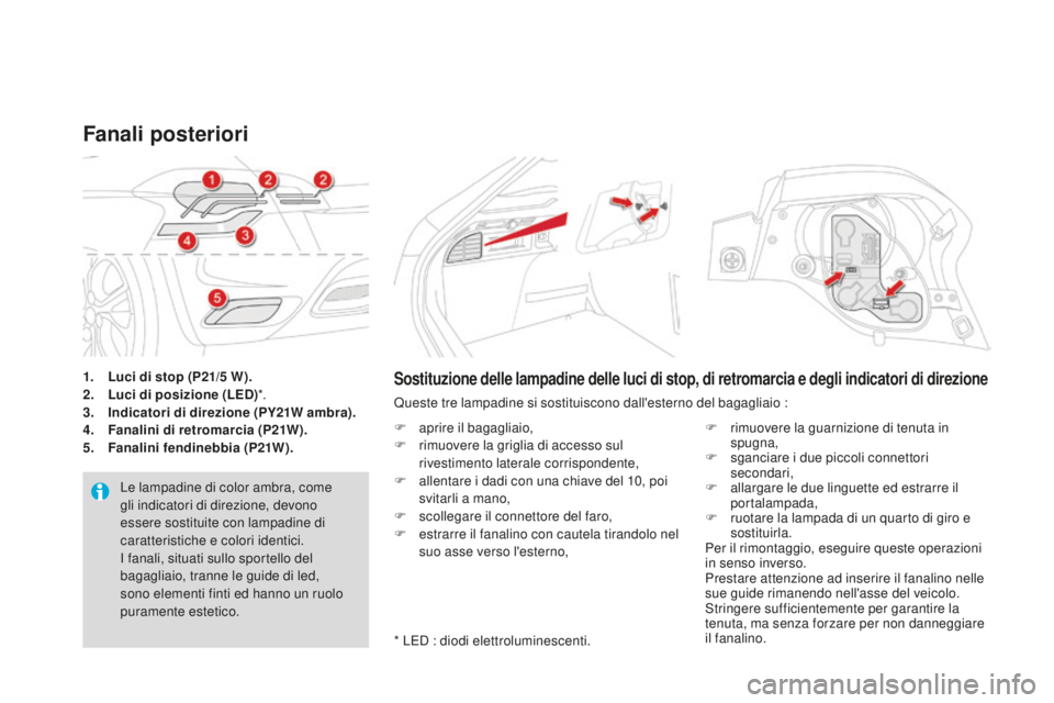 CITROEN DS4 2016  Libretti Di Uso E manutenzione (in Italian) DS4_it_Chap09_info-pratiques_ed03-2015
1. Luci di stop (P21/5  W).
2. L uci di posizione  (LEd
)*.
3.
 I

ndicatori di direzione (PY21W ambra).
4.
 F

analini di retromarcia (P21W).
5.
 F

analini fen