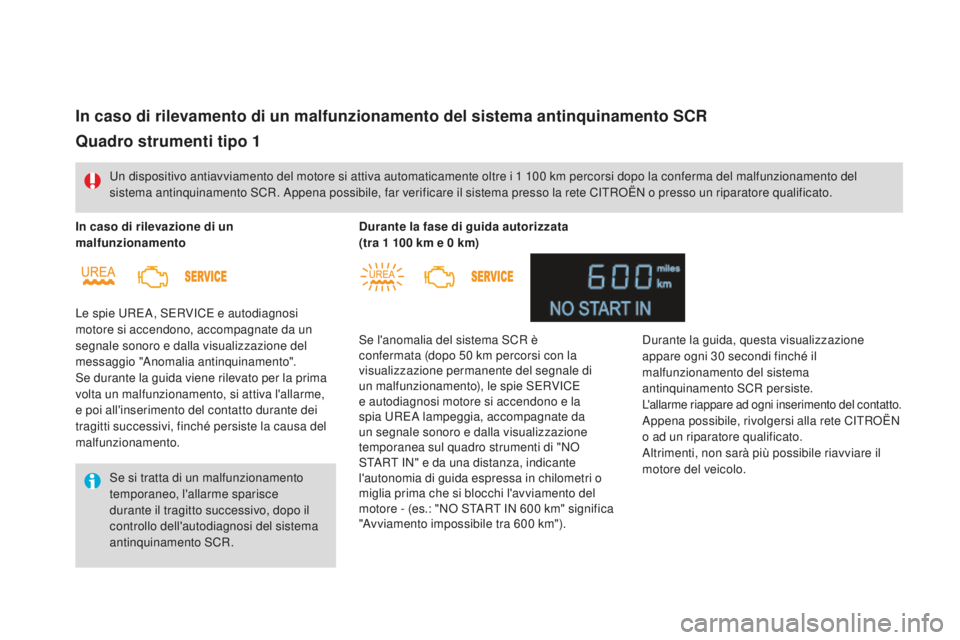 CITROEN DS4 2016  Libretti Di Uso E manutenzione (in Italian) In caso di rilevamento di un malfunzionamento del sistema antinquinamento ScR
Un dispositivo antiavviamento del motore si attiva automaticamente oltre i 1 100 km percorsi dopo la conferma del malfunzi