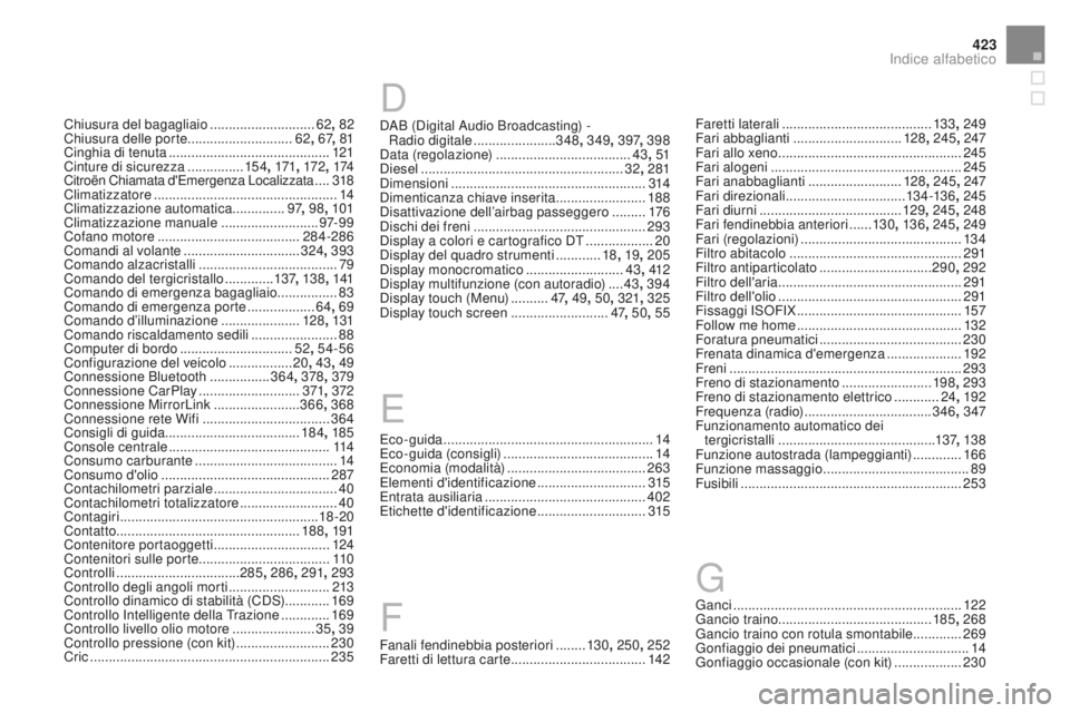 CITROEN DS4 2016 Libretti Di Uso E manutenzione (in Italian) 423
DS4_it_Chap13_index-alpha_ed03-2015
Chiusura del bagagliaio ............................62, 82
Chiusura delle porte ............................62, 67, 81
Cinghia di tenuta
..................... CITROEN DS4 2016 Libretti Di Uso E manutenzione (in Italian) 423
DS4_it_Chap13_index-alpha_ed03-2015
Chiusura del bagagliaio ............................62, 82
Chiusura delle porte ............................62, 67, 81
Cinghia di tenuta
.....................