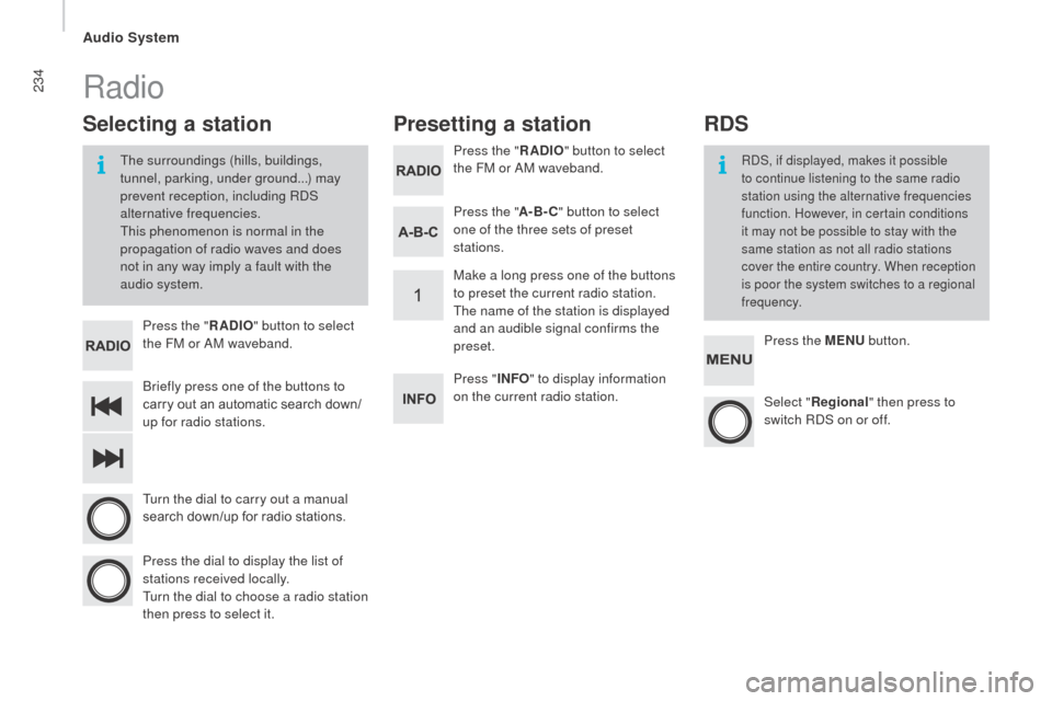 Citroen JUMPER RHD 2015.5 2.G Owners Manual 234
Briefly press one of the buttons to 
carry out an automatic search down/
up for radio stations. Press the "
rAd
IO
" button to select 
the FM or AM waveband.
Turn the dial to carry out a manual 
s