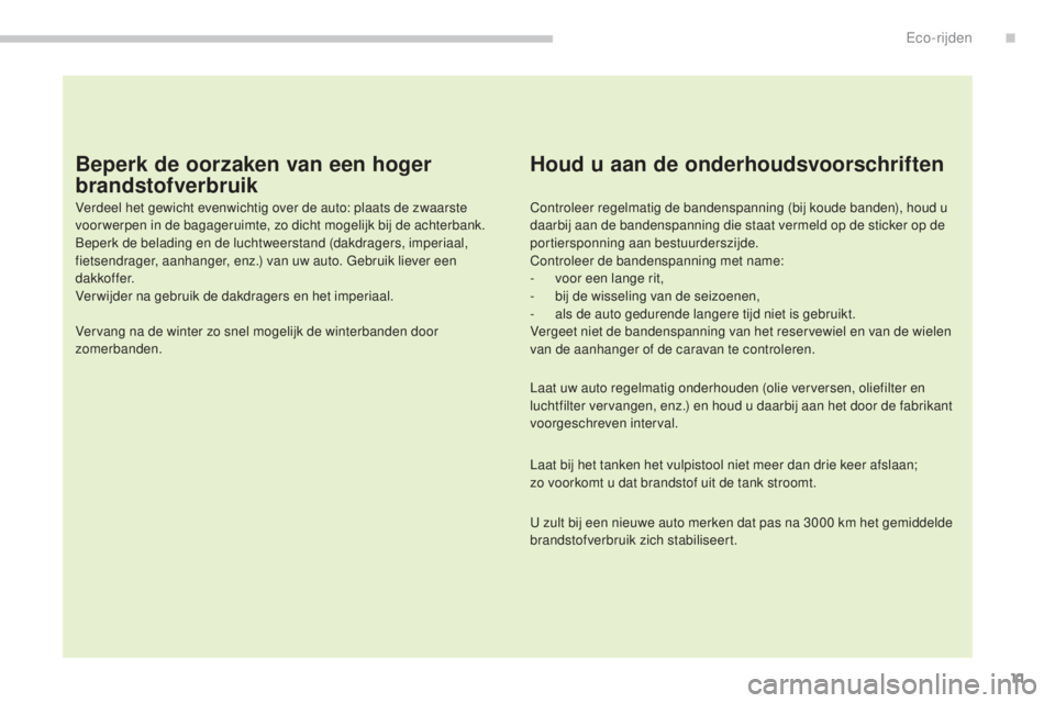 CITROEN C4 AIRCROSS 2016 Instructieboekjes (in Dutch) 11
C4-Aircross_nl_Chap00c_eco-conduite_ed01-2014
Beperk de oorzaken van een hoger
brandstofverbruik
Verdeel het gewicht evenwichtig over de auto: plaats de zwaarste
voor werpen in de bagageruimte, z CITROEN C4 AIRCROSS 2016 Instructieboekjes (in Dutch) 11
C4-Aircross_nl_Chap00c_eco-conduite_ed01-2014
Beperk de oorzaken van een hoger
brandstofverbruik
Verdeel het gewicht evenwichtig over de auto: plaats de zwaarste
voor werpen in de bagageruimte, z