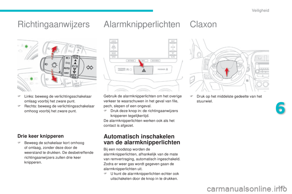 CITROEN C4 AIRCROSS 2016  Instructieboekjes (in Dutch) 141
C4-Aircross_nl_Chap06_securite_ed01-2014
richtingaanwijzers
F Links: beweeg de verlichtingsschakelaar omlaag voorbij het zware punt.
F
  r
e
 chts: beweeg de verlichtingsschakelaar 
omhoog voorbij