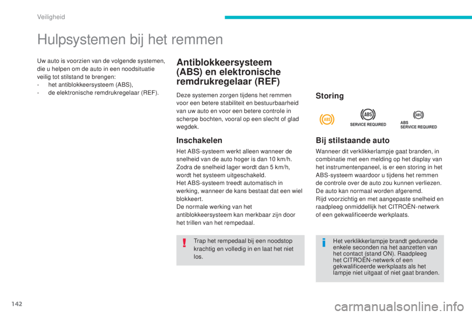 CITROEN C4 AIRCROSS 2016  Instructieboekjes (in Dutch) 142
C4-Aircross_nl_Chap06_securite_ed01-2014
uw auto is voorzien van de volgende systemen, 
die u helpen om de auto in een noodsituatie 
veilig tot stilstand te brengen:
- 
h
 et antiblokkeersysteem (