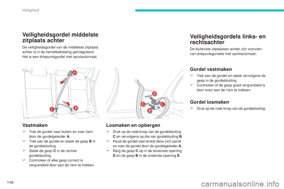 CITROEN C4 AIRCROSS 2016  Instructieboekjes (in Dutch) 148
C4-Aircross_nl_Chap06_securite_ed01-2014
Veiligheidsgordel middelste 
zitplaats achter
De veiligheidsgordel van de middelste zitplaats 
achter is in de hemelbekleding geïntegreerd.
Het is een dri