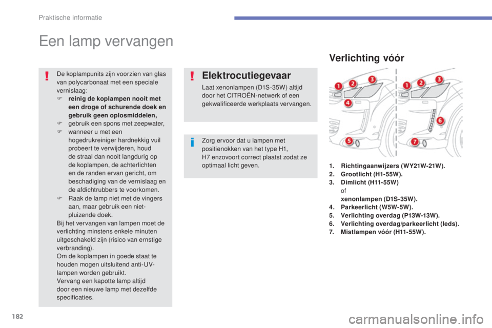 CITROEN C4 AIRCROSS 2016 Instructieboekjes (in Dutch) 182
C4-Aircross_nl_Chap07_info-pratiques_ed01-2014
een lamp vervangen
Zorg ervoor dat u lampen met
positienokken van het type H1,
H7 enzovoort correct plaatst zodat ze
optimaal licht geven.
De kop CITROEN C4 AIRCROSS 2016 Instructieboekjes (in Dutch) 182
C4-Aircross_nl_Chap07_info-pratiques_ed01-2014
een lamp vervangen
Zorg ervoor dat u lampen met
positienokken van het type H1,
H7 enzovoort correct plaatst zodat ze
optimaal licht geven.
De kop