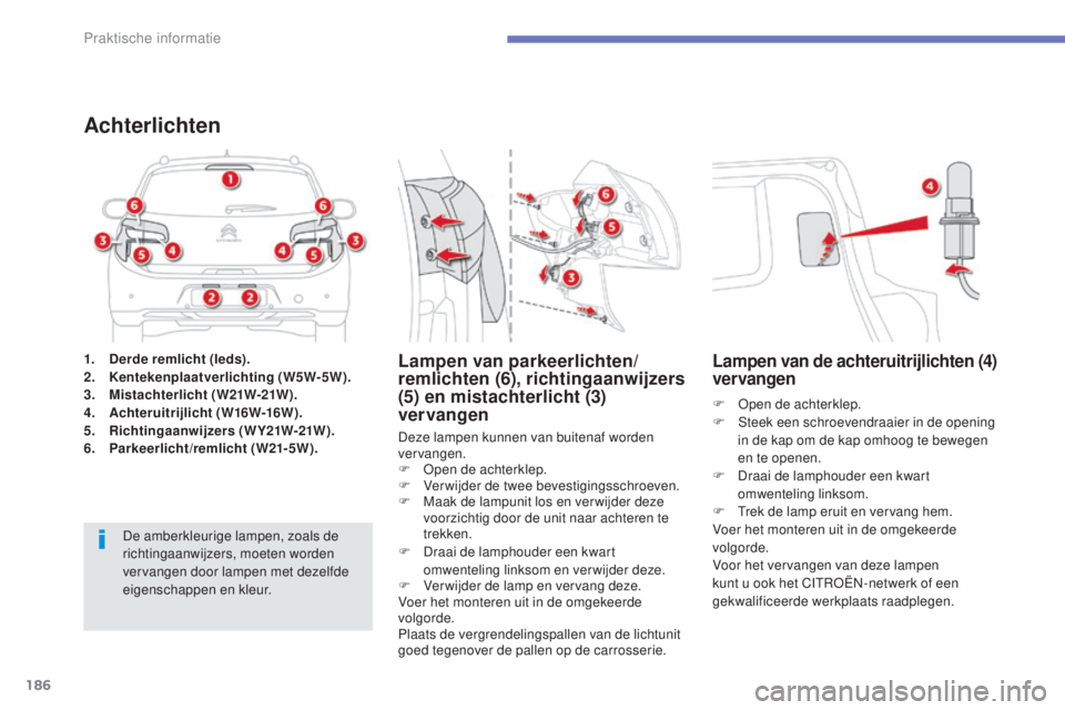 CITROEN C4 AIRCROSS 2016 Instructieboekjes (in Dutch) 186
C4-Aircross_nl_Chap07_info-pratiques_ed01-2014
1. Derde remlicht (leds).
2. Kentekenplaatverlichting (W5W-5W).
3.
Mi
stachterlicht (W21W-21W).
4.
A
chteruitrijlicht (W16W-16W).
5.
R
ichtinga CITROEN C4 AIRCROSS 2016 Instructieboekjes (in Dutch) 186
C4-Aircross_nl_Chap07_info-pratiques_ed01-2014
1. Derde remlicht (leds).
2. Kentekenplaatverlichting (W5W-5W).
3.
Mi
stachterlicht (W21W-21W).
4.
A
chteruitrijlicht (W16W-16W).
5.
R
ichtinga