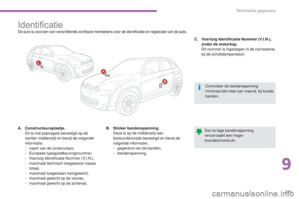 CITROEN C4 AIRCROSS 2016 Instructieboekjes (in Dutch) 235
C4-Aircross_nl_Chap09_caracteristiques-techniques_ed01-2014
IdentificatieDe auto is voorzien van verschillende zichtbare merktekens voor de identificatie en registratie van de auto.
A.
C
onstruct CITROEN C4 AIRCROSS 2016 Instructieboekjes (in Dutch) 235
C4-Aircross_nl_Chap09_caracteristiques-techniques_ed01-2014
IdentificatieDe auto is voorzien van verschillende zichtbare merktekens voor de identificatie en registratie van de auto.
A.
C
onstruct