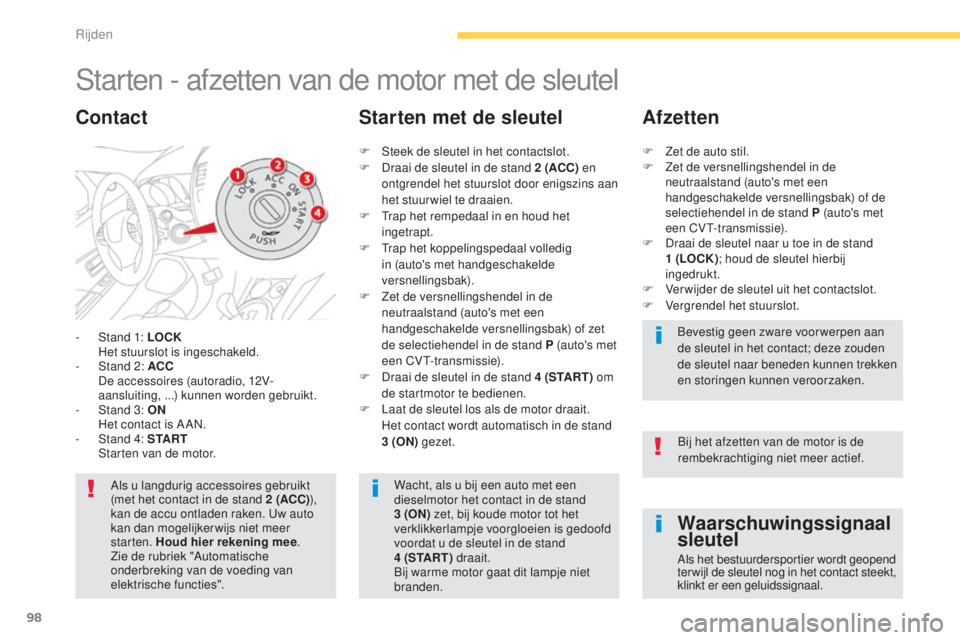 CITROEN C4 AIRCROSS 2016 Instructieboekjes (in Dutch) 98
C4-Aircross_nl_Chap04_conduite_ed01-2014
starten - afzetten van de motor met de sleutel
- stand 1: LOCK Het stuurslot is ingeschakeld.
-
s
t
and 2: ACC
D
e accessoires (autoradio, 12V-
a CITROEN C4 AIRCROSS 2016 Instructieboekjes (in Dutch) 98
C4-Aircross_nl_Chap04_conduite_ed01-2014
starten - afzetten van de motor met de sleutel
- stand 1: LOCK Het stuurslot is ingeschakeld.
-
s
t
and 2: ACC
D
e accessoires (autoradio, 12V-
a
