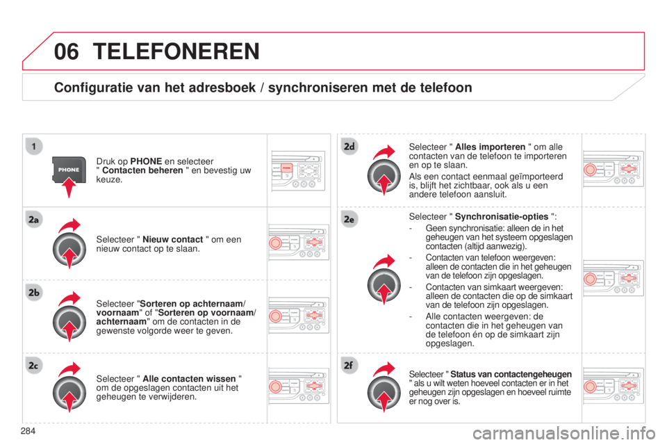 CITROEN C5 2015  Instructieboekjes (in Dutch) 06
284
c5_nl_chap11b_rt6-2-8_ed01-2014
TELEFONEREN
Configuratie van het adresboek / synchroniseren met de telefoon
Druk op PHONE en selecteer  
" Contacten beheren " en bevestig uw 
keuze.
s
e